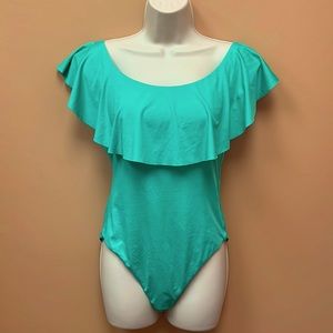 NWT TRINA TURK Sevilla Ruffle Off The Shoulder One Piece Swimsuit, sz10
